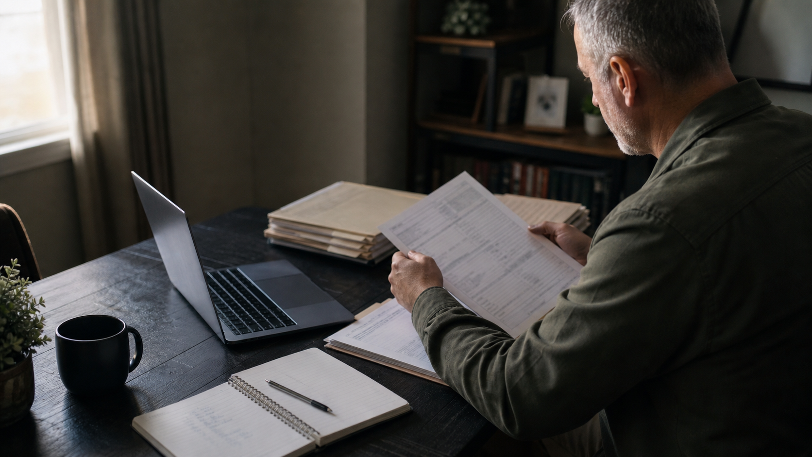 A veteran reviewing organized records beside a laptop at home